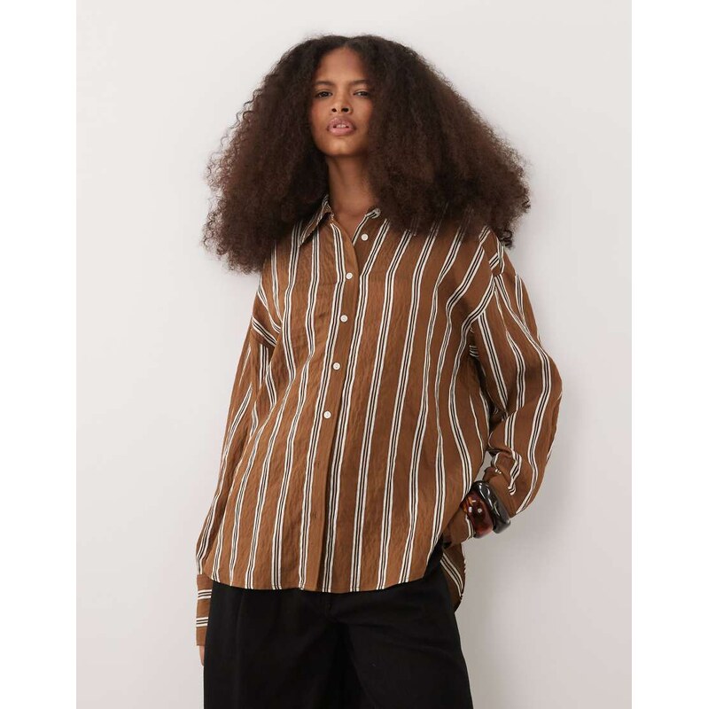 Mango classic oversized shirt in brown stripe 114492199