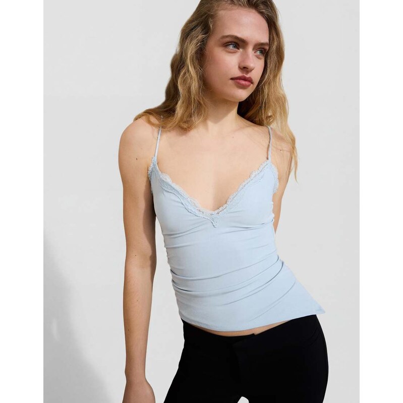Bershka Lace trim strappy top in light blue
