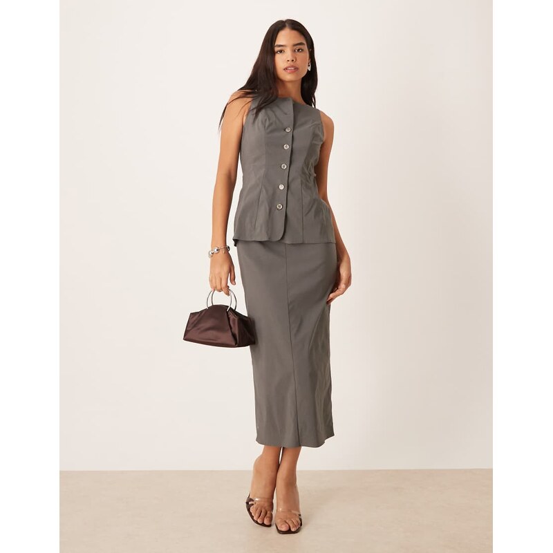 ASOS DESIGN slash neck button down midi dress in grey