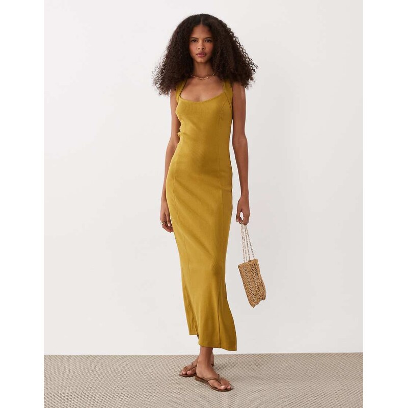 ASOS DESIGN scoop front racer seam detail midi dress in golden