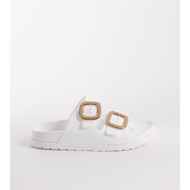 London Rebel Wide Fit Astra double buckle sandals in white