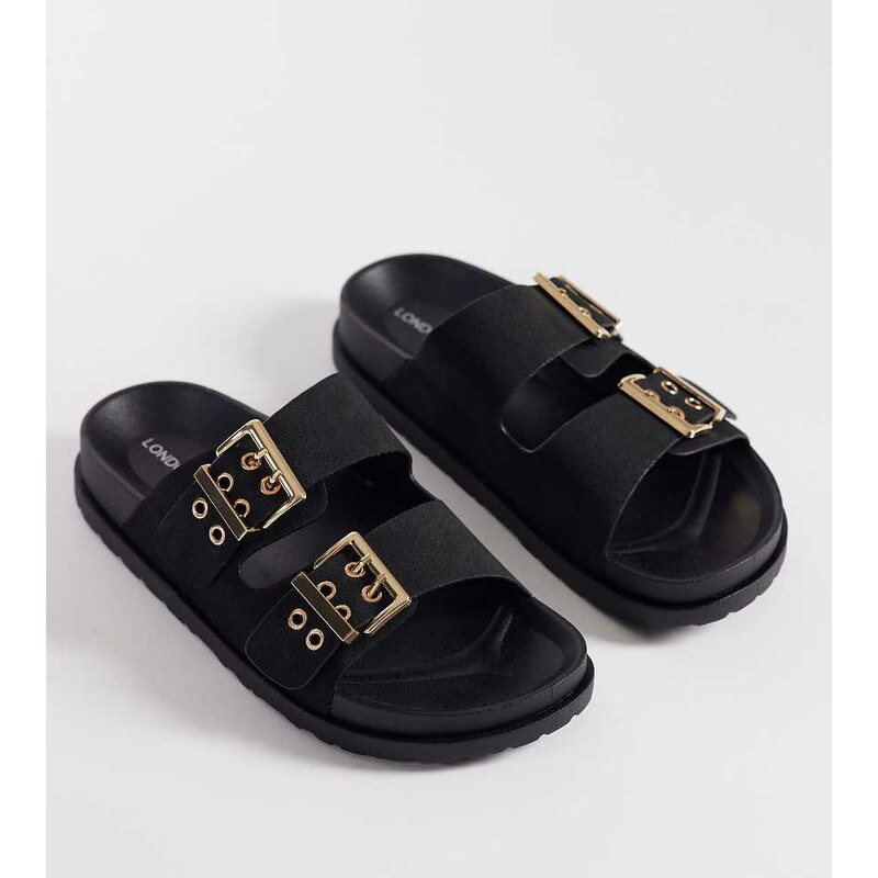 London Rebel Wide Fit Morgan double buckle flat sandals in black