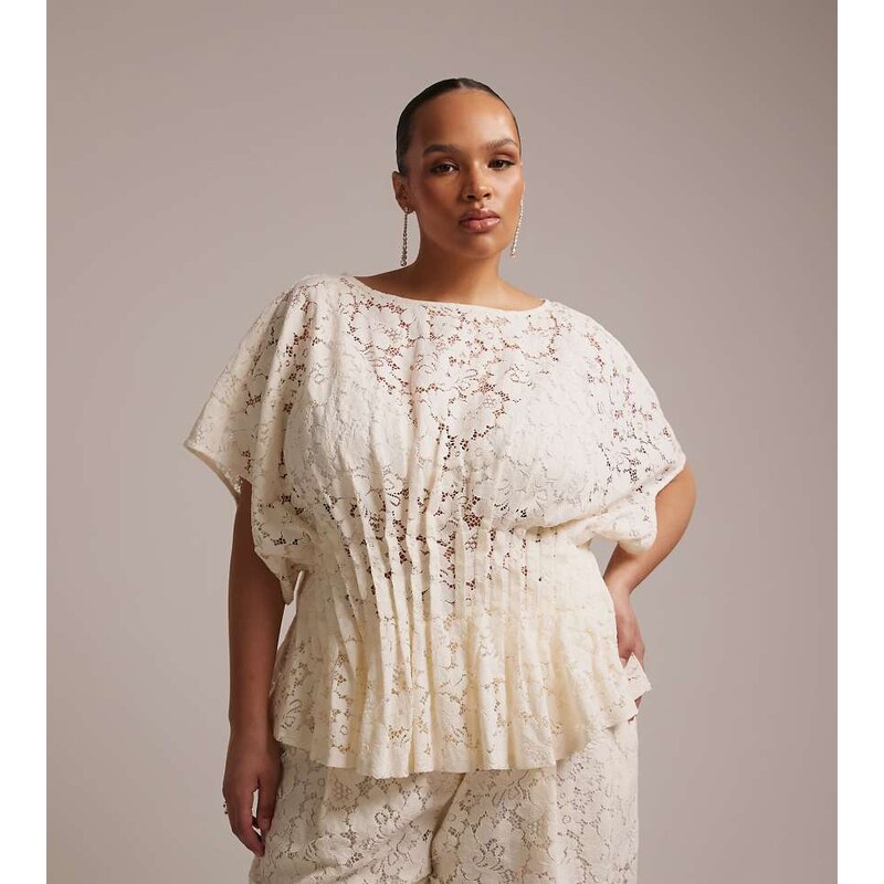 ASOS Curve ASOS DESIGN Curve bridal short sleeve lace top coord-White 114534836