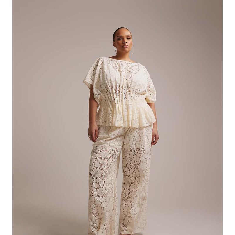 ASOS Curve ASOS DESIGN Curve bridal lace trouser coord in ivory-White 114543850