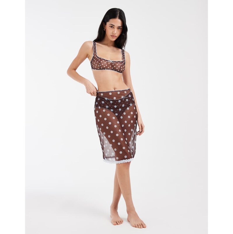 ASOS DESIGN Sadie sheer mesh polka dot midi slip skirt in brown