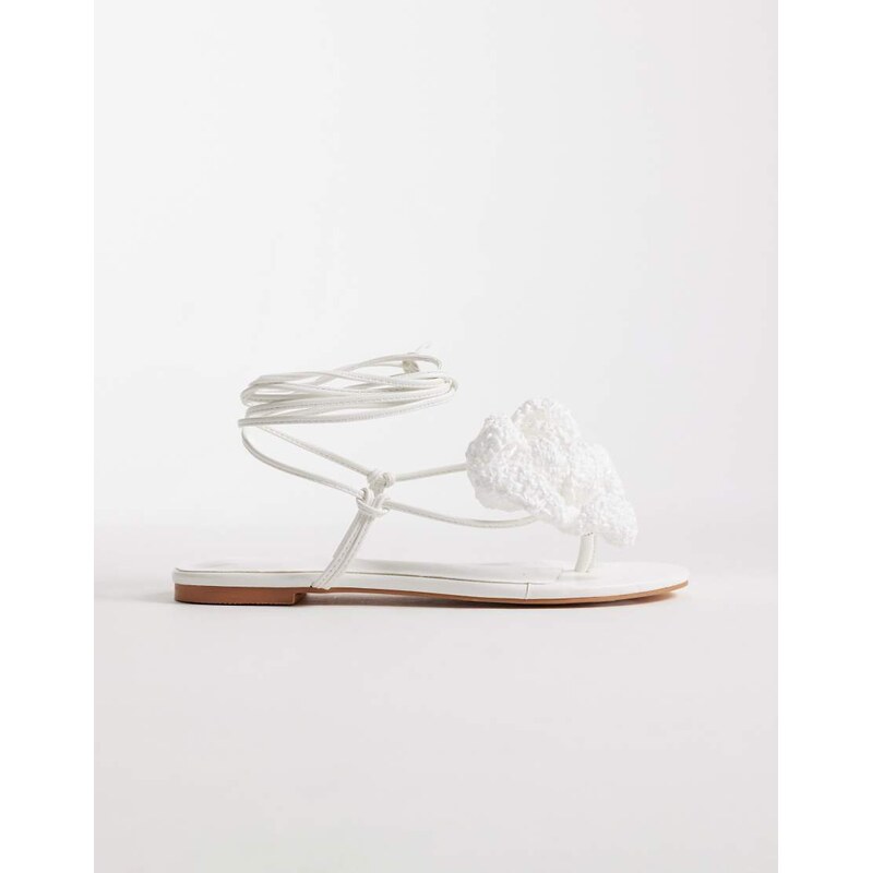 Public Desire Palmer tie leg flat sandals with crochet flower in