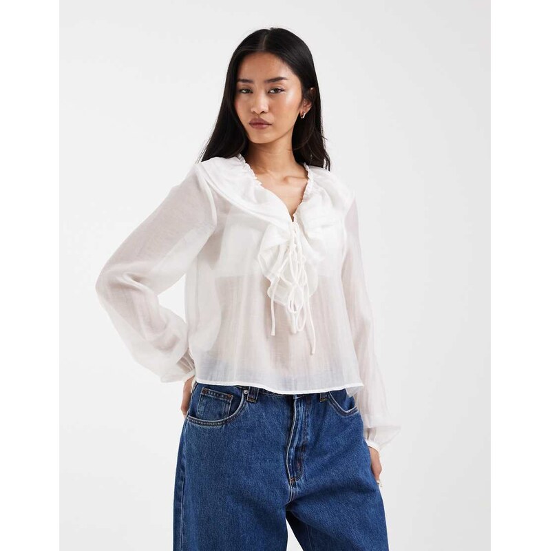 ONLY tie front blouse with ruffle detail in white