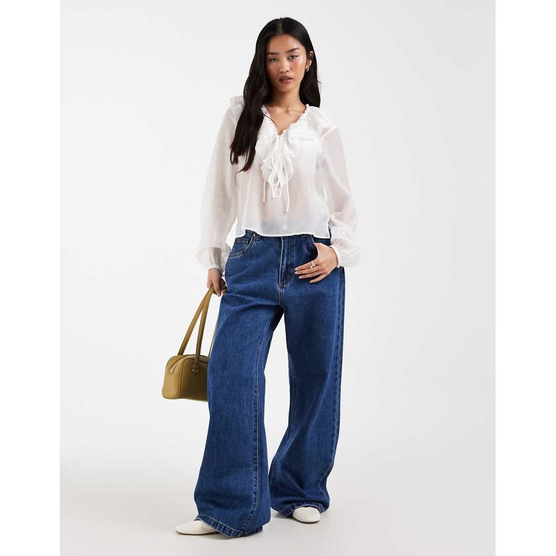 ONLY tie front blouse with ruffle detail in white