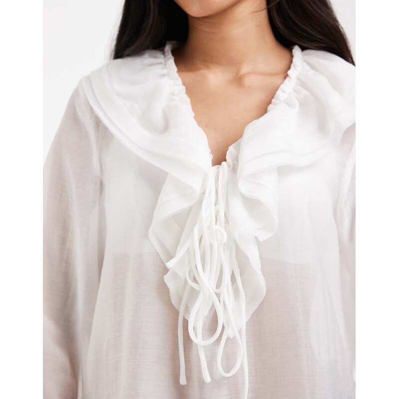 ONLY tie front blouse with ruffle detail in white