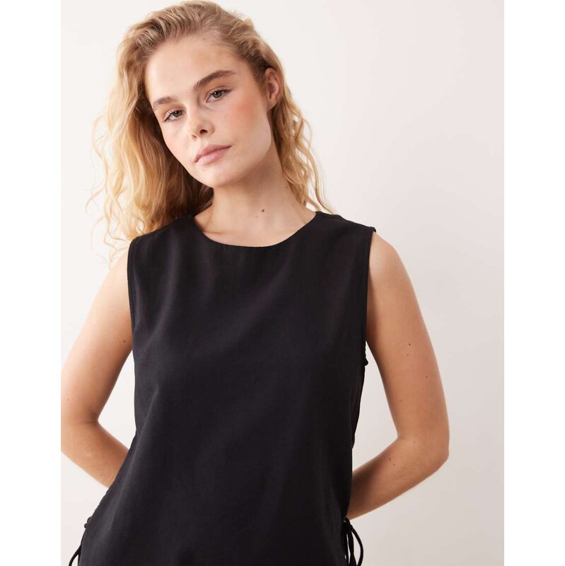 Vila linen touch tie side sleeveless top in black