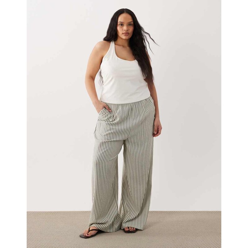 New Look Plus New Look Curve stripe wide leg trousers in cream