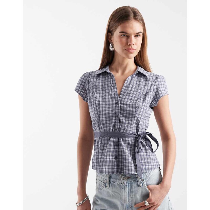 Hollister short sleeve bow belt shirt in navy gingham 114494841