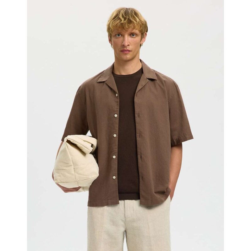 Selected linen blend short sleeve shirt in khaki-Grey