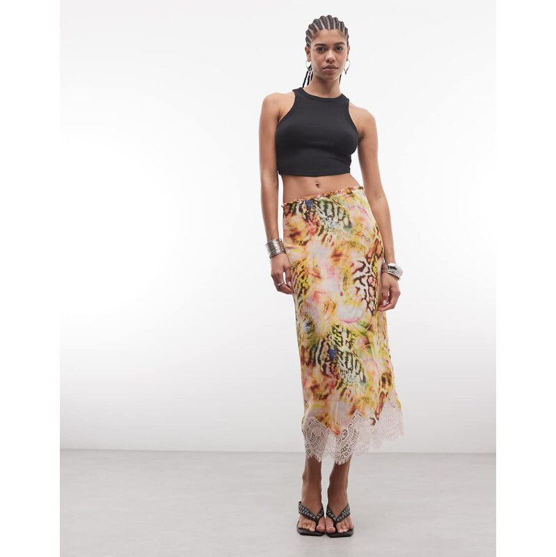 AFRM Ackley high rise lace hem midi skirt in pink multi print