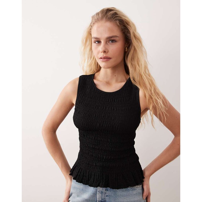 Brave Soul shirred vest with ruffle hem in black