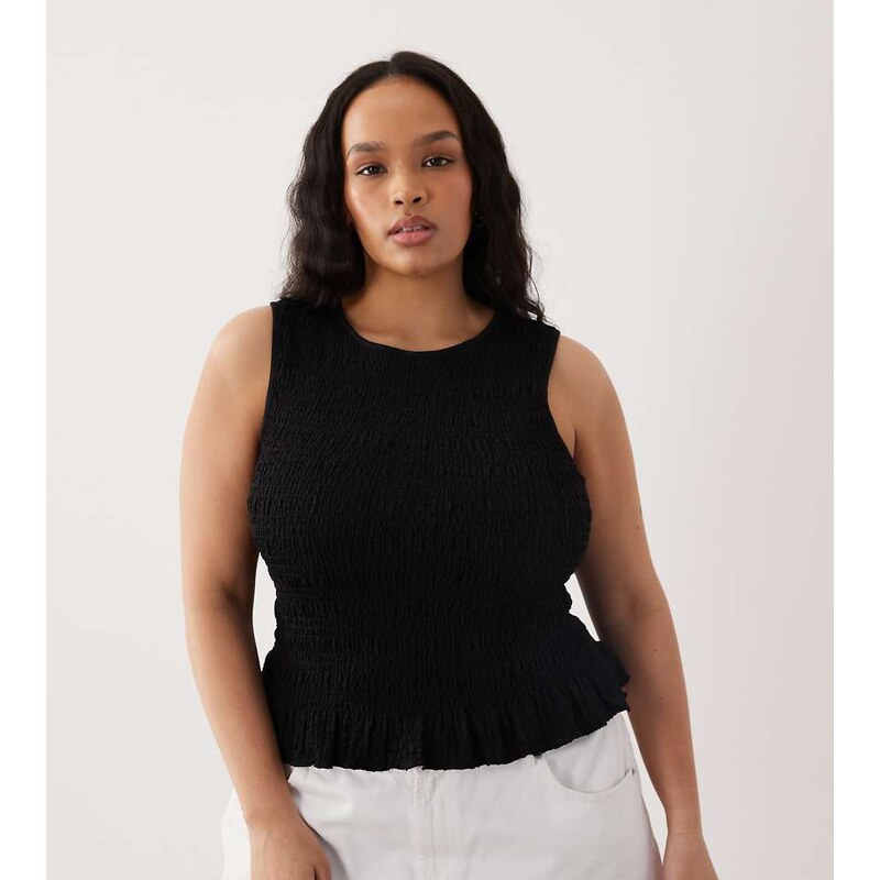 Brave Soul Plus Brave Soul Curve shirred vest with ruffle hem in black 115005286