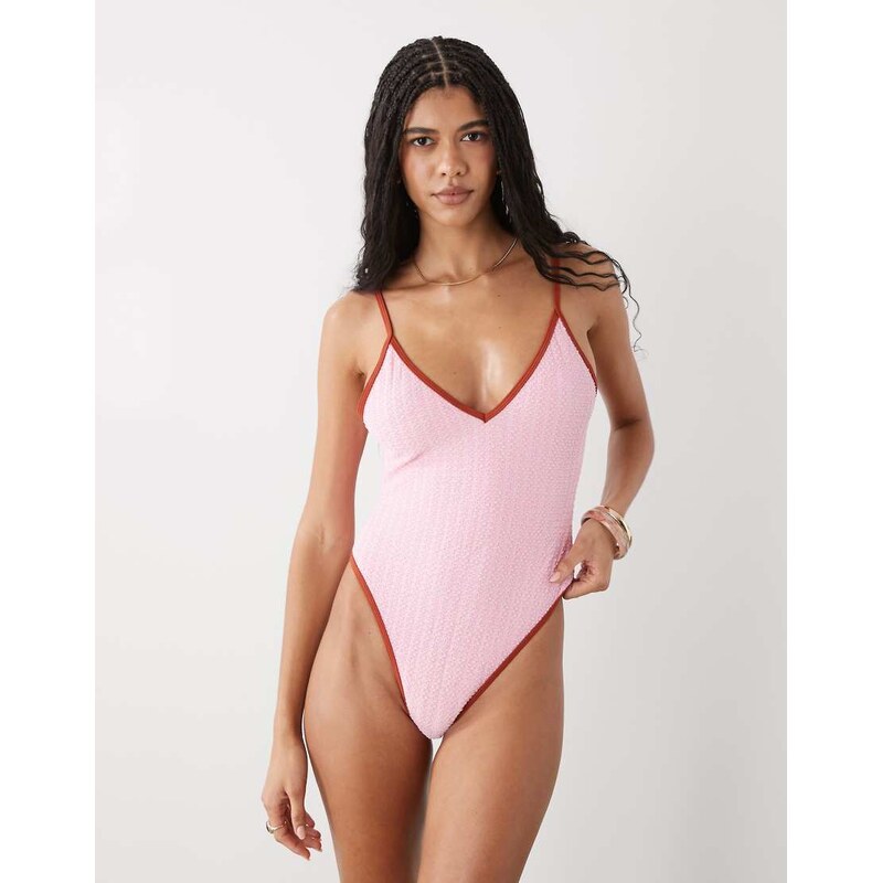 Reclaimed Vintage swimsuit with deep V and low back in pink