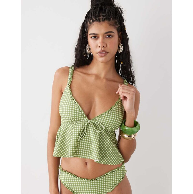 Reclaimed Vintage tankini top with floaty hem in green and white 114494752
