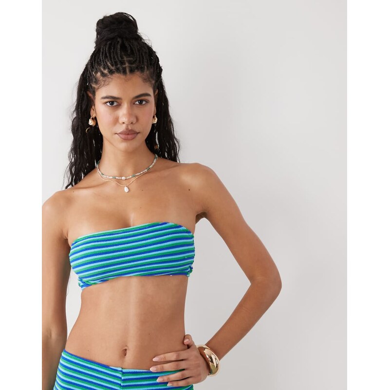 Reclaimed Vintage bandeau bikini top in stripe towelling-Blue