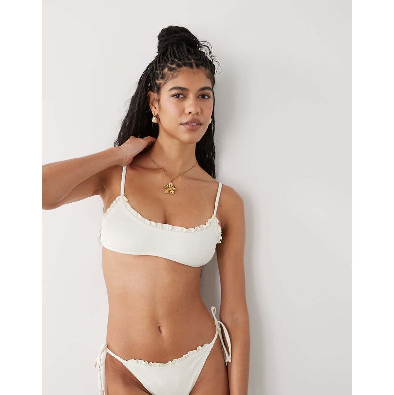 Reclaimed Vintage bralette bikini top with frill in cream-White 114494764