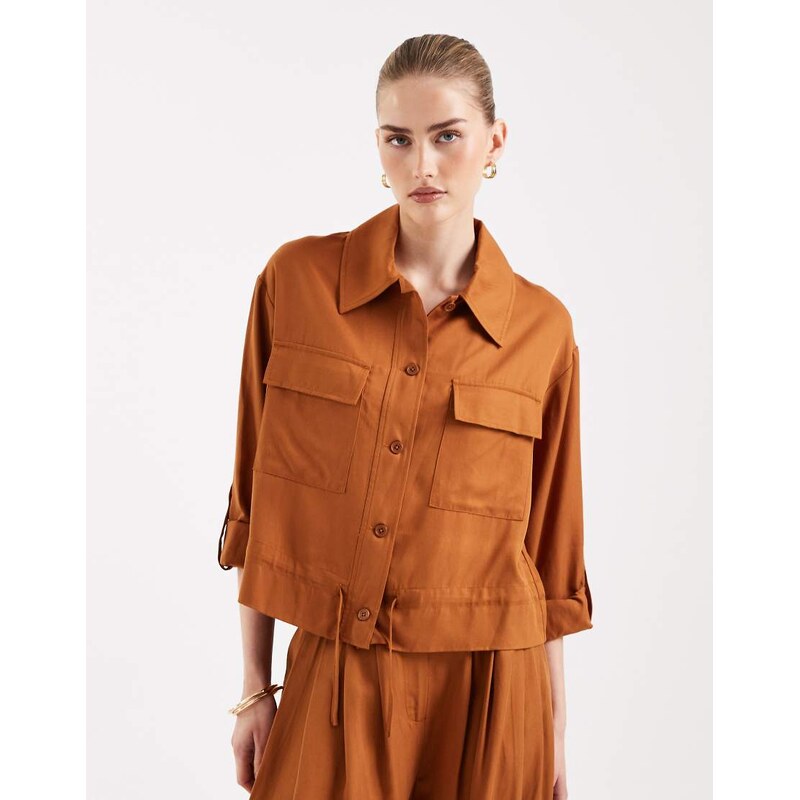 ASOS DESIGN soft textured utility shirt co-ord in ginger-Brown