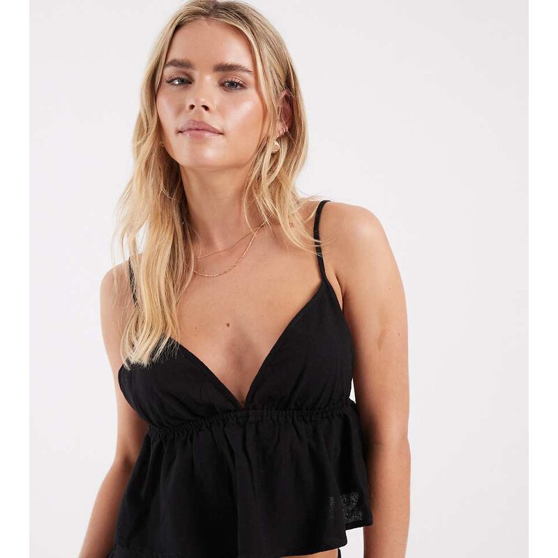 Vero Moda Petite linen touch cami strap top co-ord in black 115521414