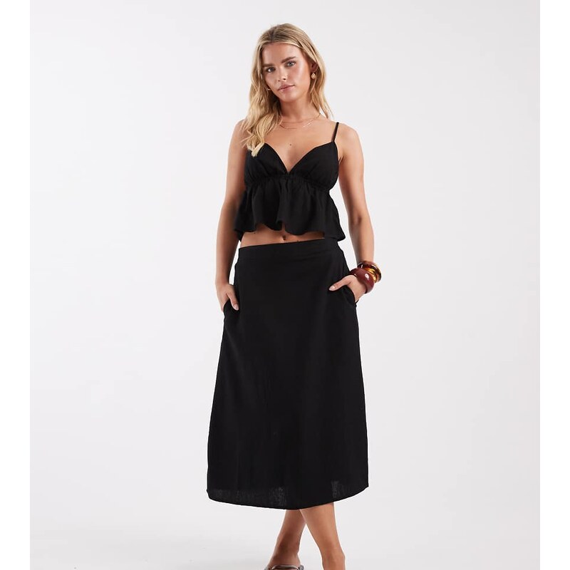 Vero Moda Petite linen touch midi skirt co-ord in black