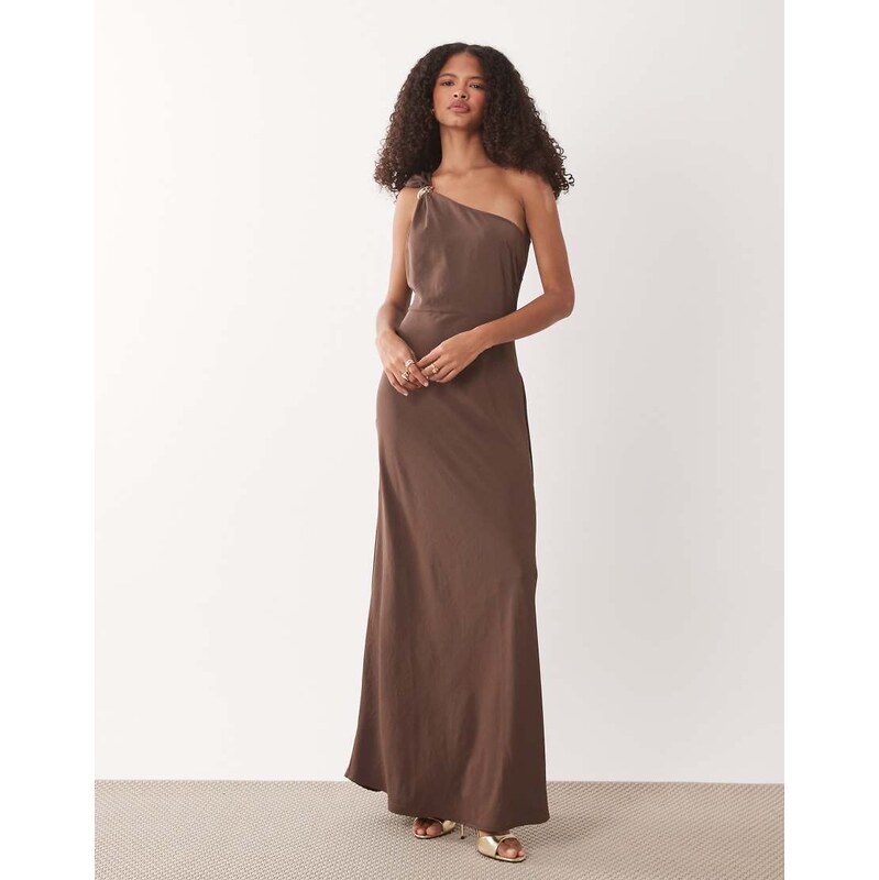 JDY one shoulder maxi dress with gold trim in brown