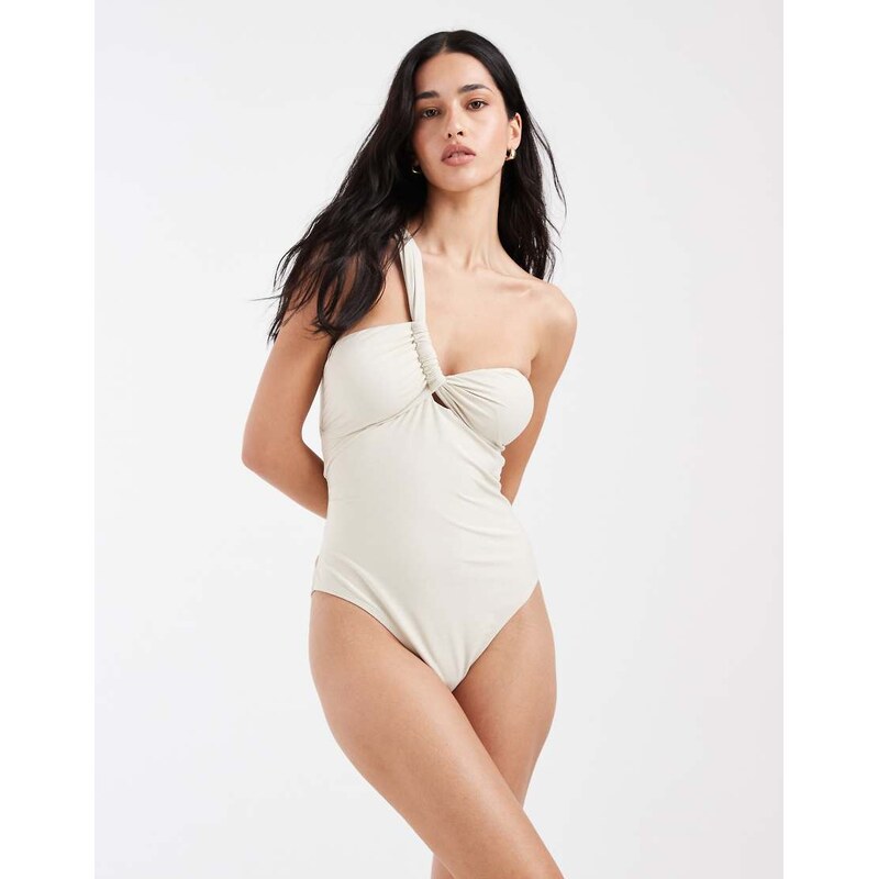 Pieces one shoulder glitter swimsuit in cream-White