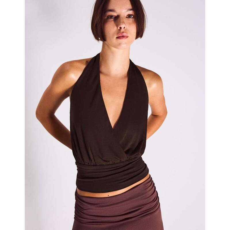 Bershka Crossover ruched waistband top in brown