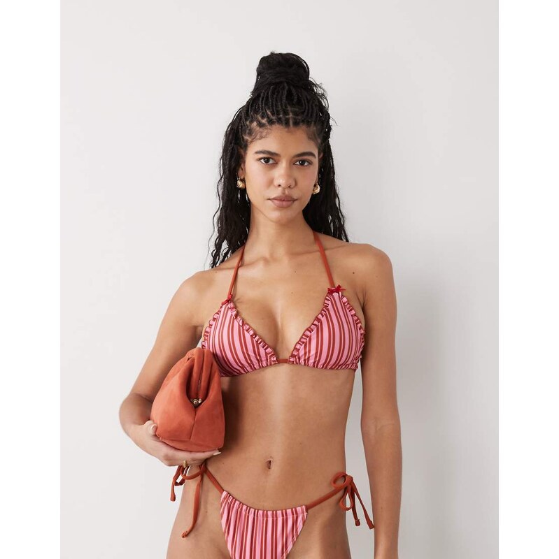 Reclaimed Vintage tie front triangle bikini top with frills in