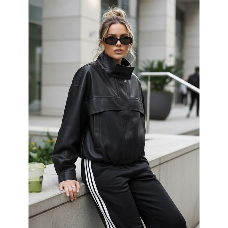 BASIC Dámská oversize bunda z ekokůže s vysokým límcem černá 114496022