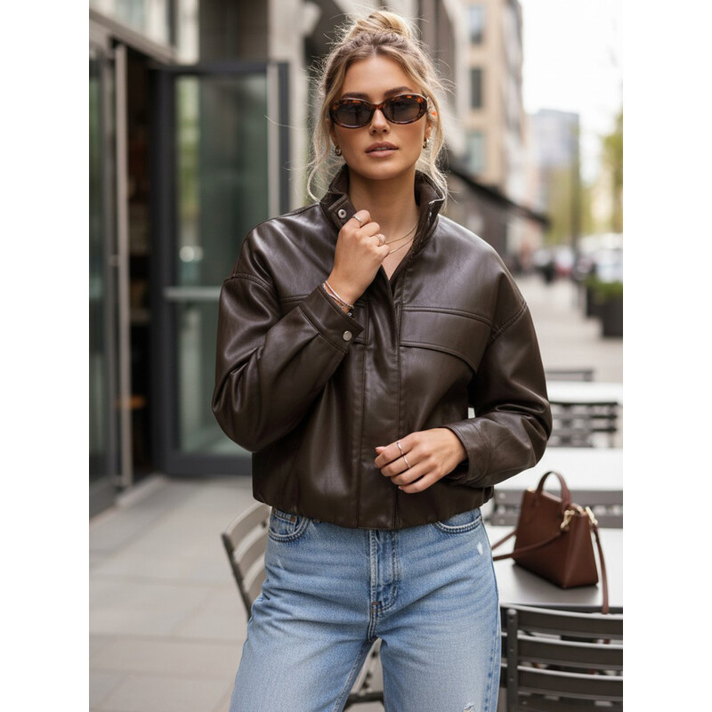 BASIC Dámská oversize bunda z ekokůže s vysokým límcem hnědá 114496021