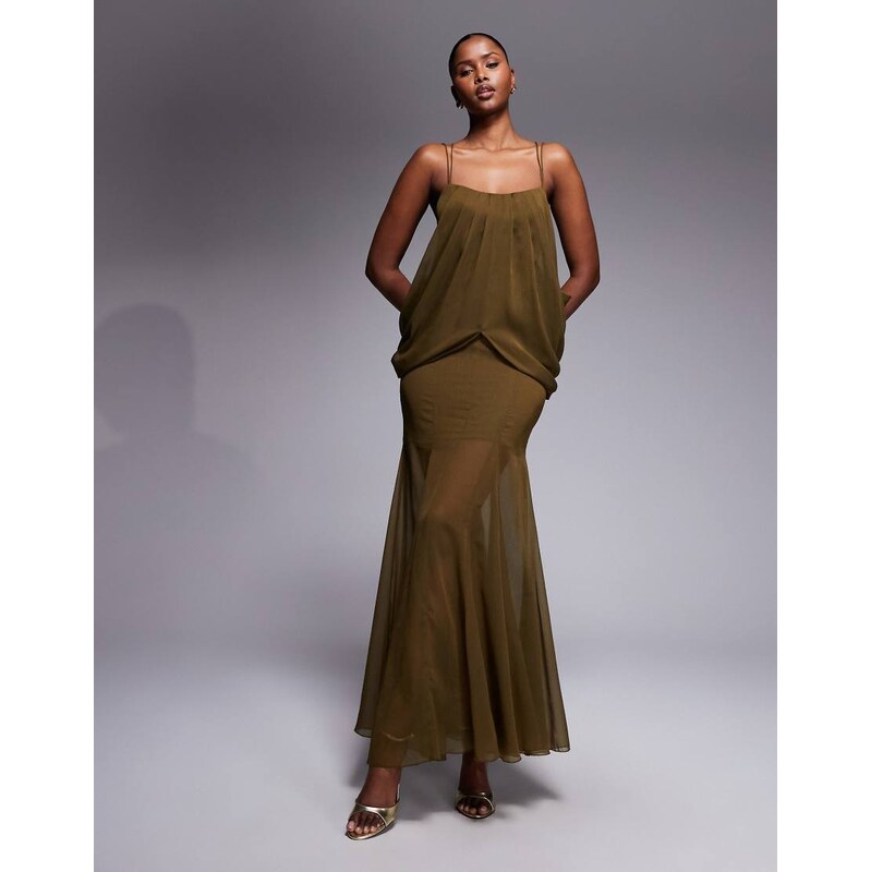ASOS DESIGN drape cami maxi dress with godet skirt in khaki