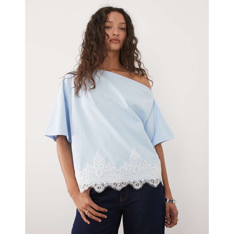 ASOS DESIGN fallen shoulder with lace trim top in pastel blue