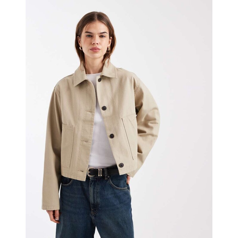ASOS DESIGN short cotton harrington jacket in stone-Neutral