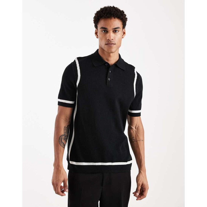 ASOS DESIGN knitted polo with panel detail in black and ecru