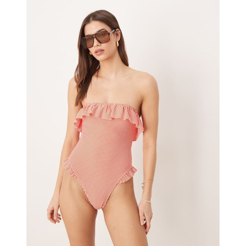 ASOS DESIGN Scarlet stripe bandeau frill swimsuit in orange 115519025