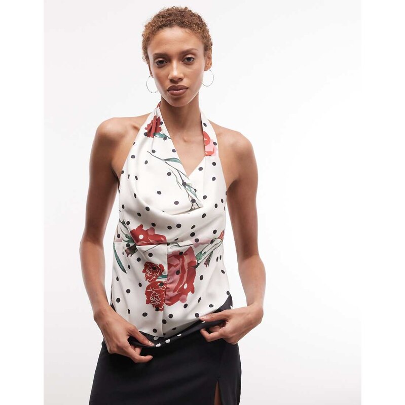 ASOS DESIGN satin halter top in polka dot floral-Multi