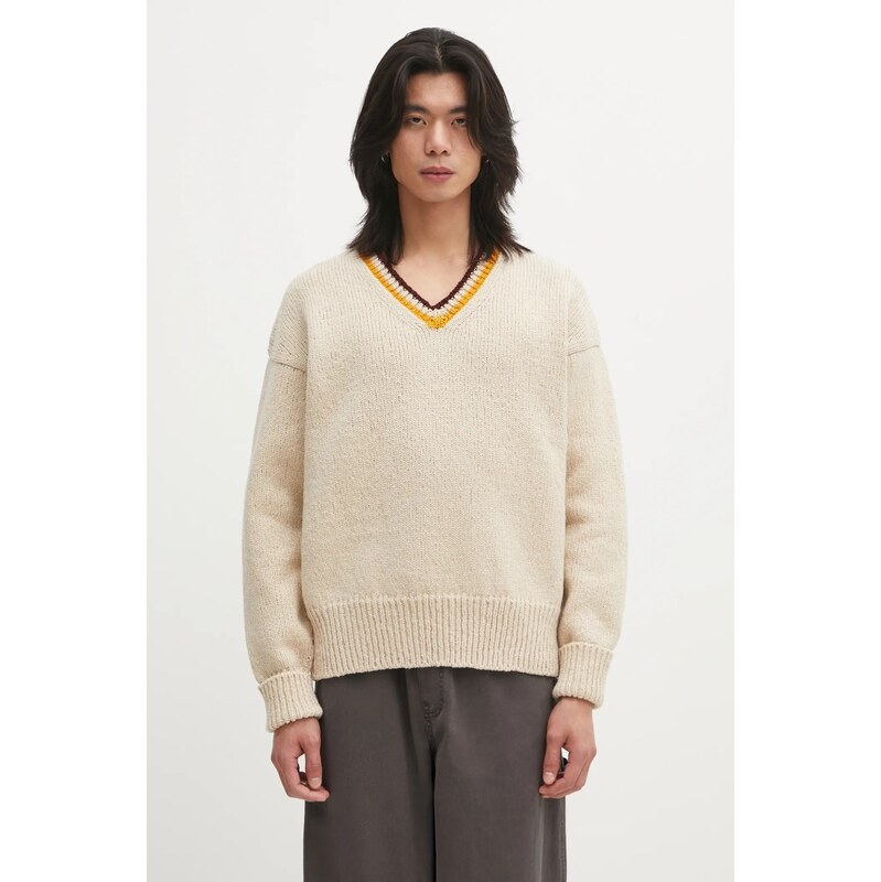Vlněný svetr Visvim COLLEGE V-NECK v klasickém provedení