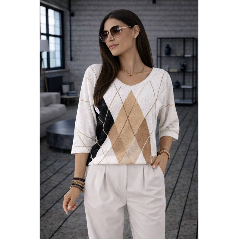 Fashionweek Dámský pletená halenka s geometrickým vzorem | Volný