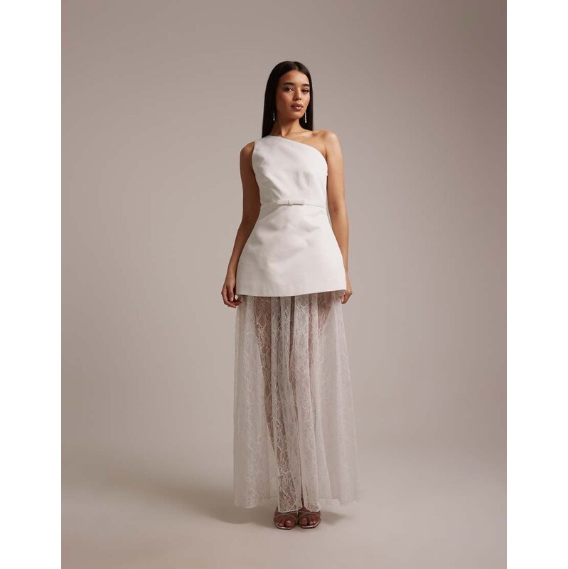 Six Stories Bridal one shoulder satin and lace mix maxi dress in