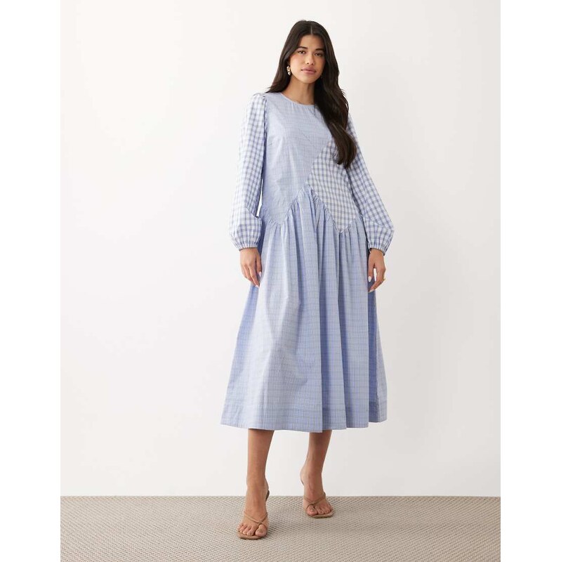 YAS cutabout seam fabric mix midi dress in mixed blue check