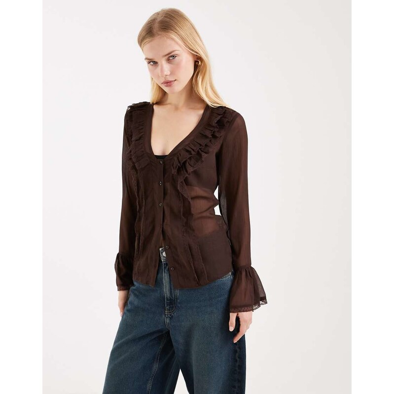 Miss Selfridge flared frill front sleeve chiffon blouse-Brown