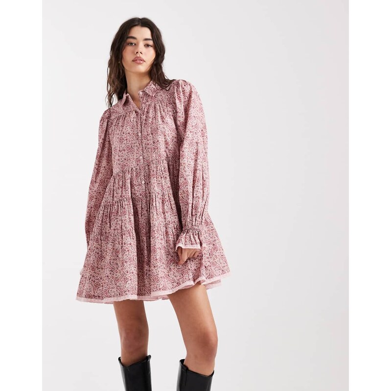 Miss Selfridge tiered paisley poplin smock dress-Pink