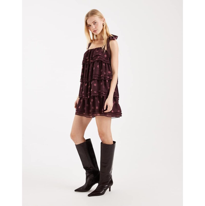 Miss Selfridge tiered ruffle mini dress in polka dot-Pink