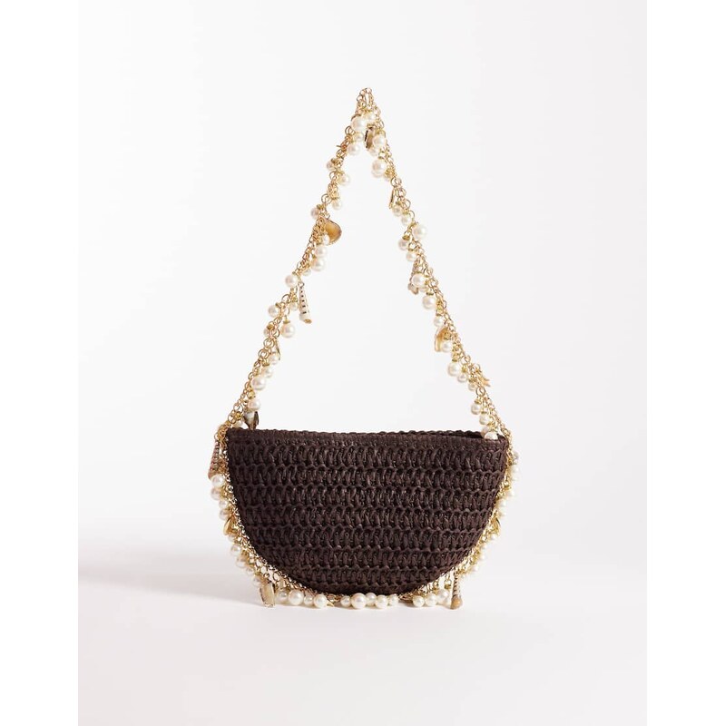 South Beach shell and bead embellished shoulder bag in chocolate