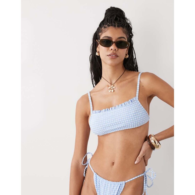 Reclaimed Vintage bralette bikini top in blue and white