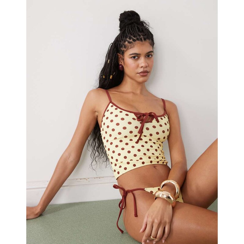 Reclaimed Vintage tankini top with keyhole in yellow and brown polka 114513985