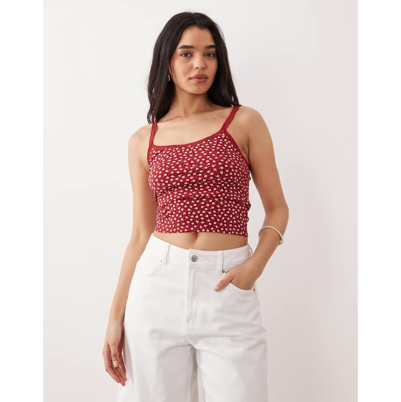 Miss Selfridge red ditsy print ruffle trim cami top-Multi 114513991